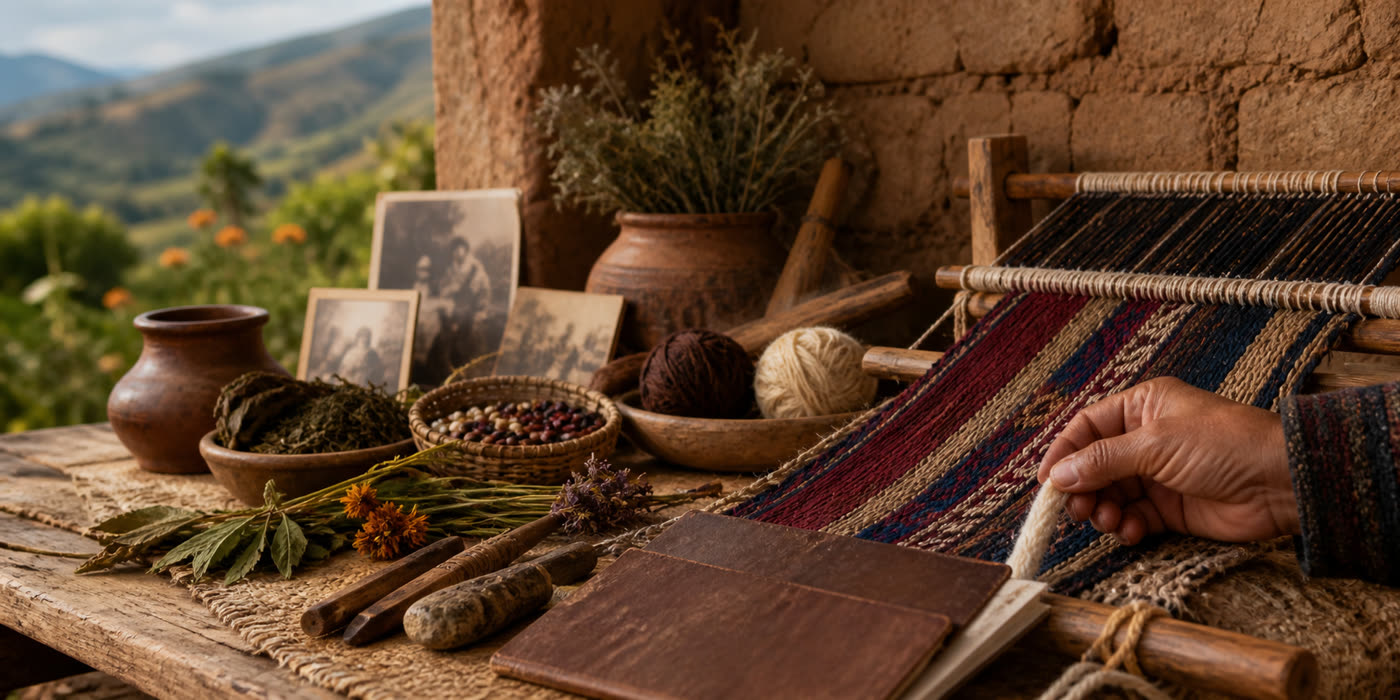 Mesa de trabajo con un telar, ovillos de lana, hierbas secas, semillas y fotografías antiguas frente a un valle.