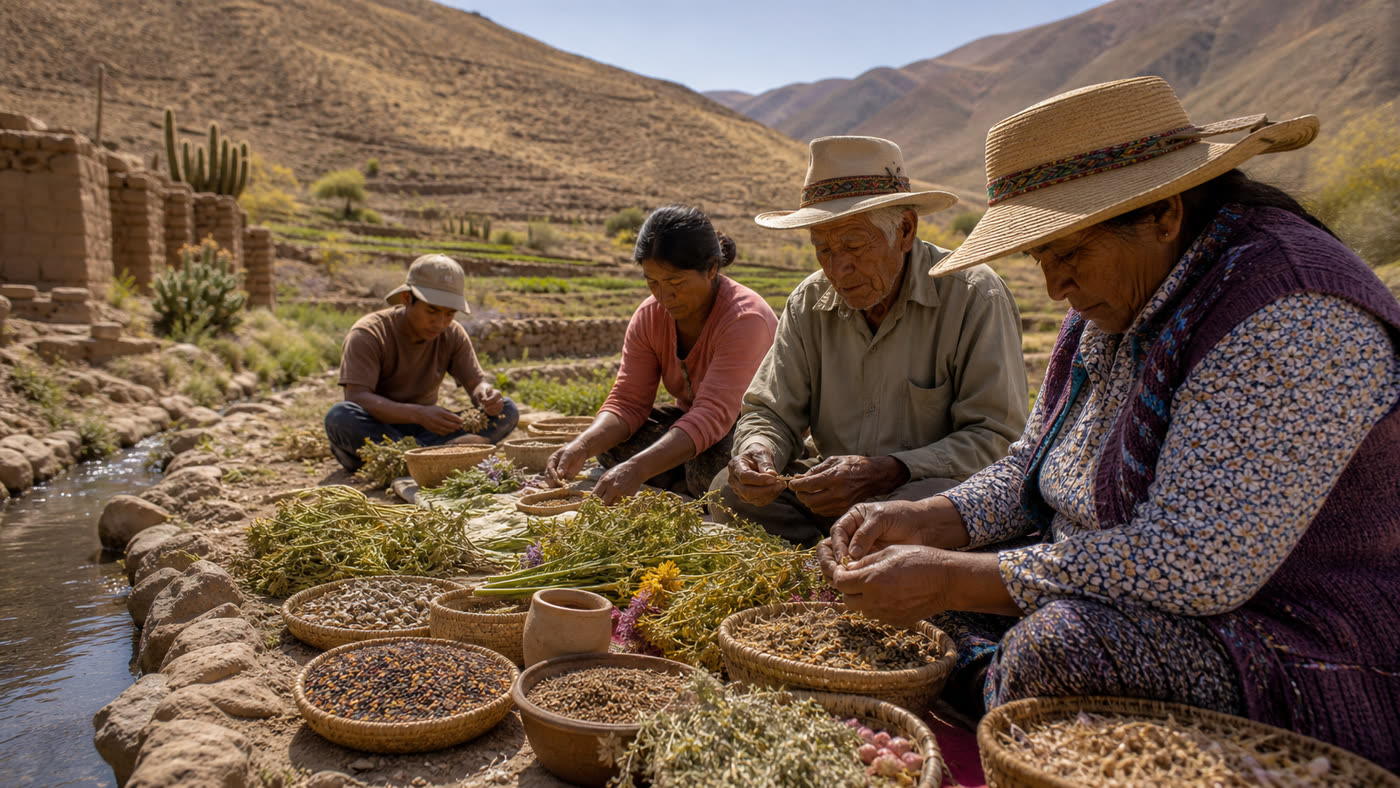 Familia campesina seleccionando semillas y hierbas en canastos, junto a un canal de riego en un valle andino.