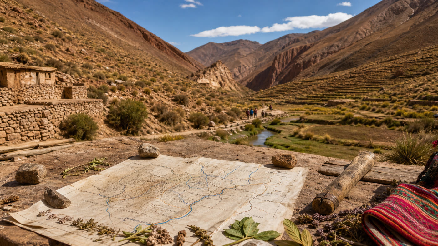 Mapa antiguo del territorio desplegado sobre una piedra, frente a una quebrada con terrazas de cultivo.