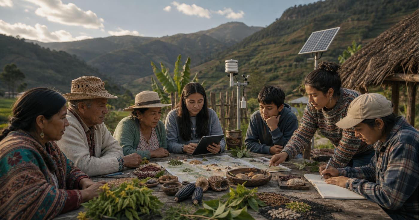 Comunidad reunida en torno a una mesa con semillas, un mapa y una tablet, junto a un panel solar y una estación meteorológica.